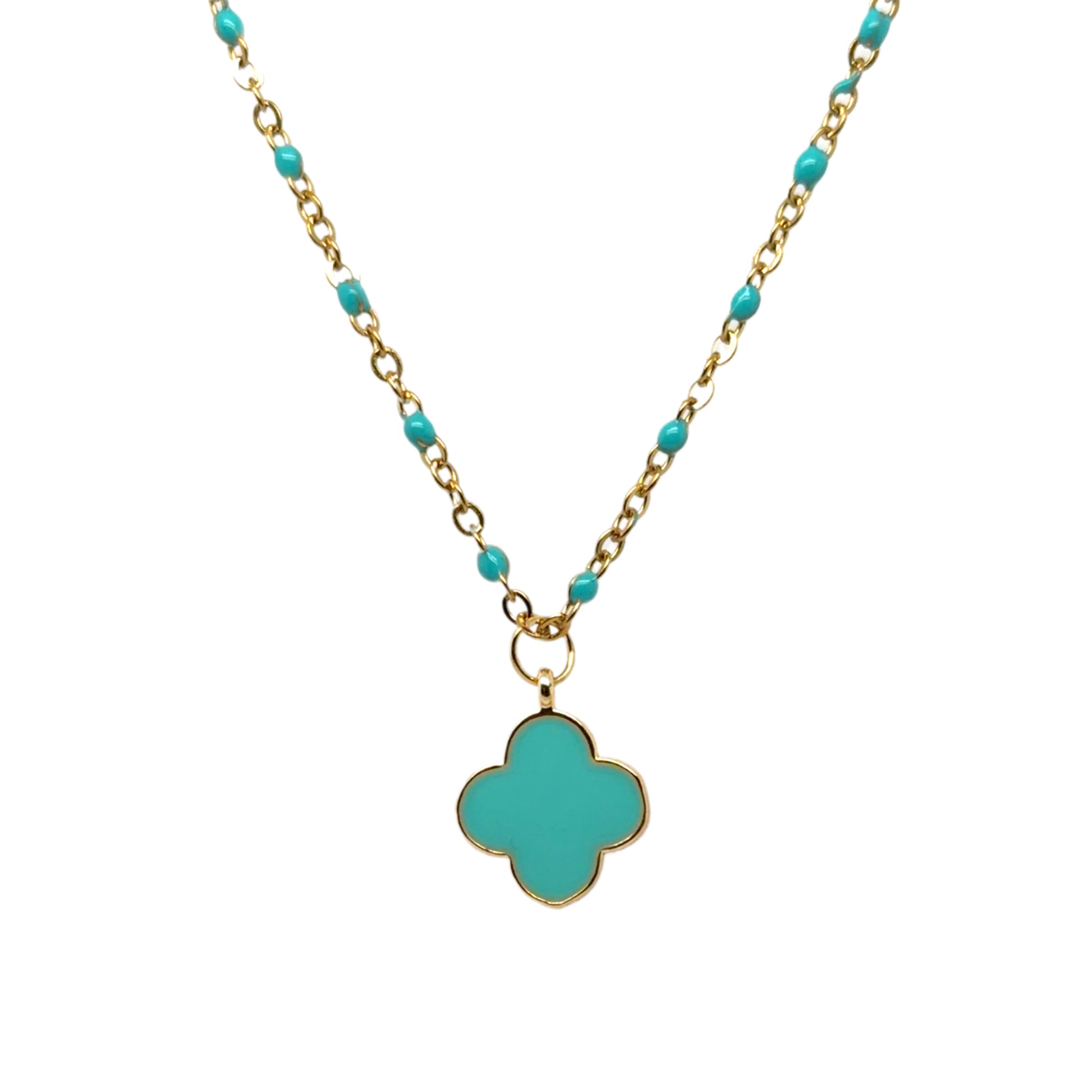 Mint green enamel and gold rosary chain with a dangling mint enamel clover charm