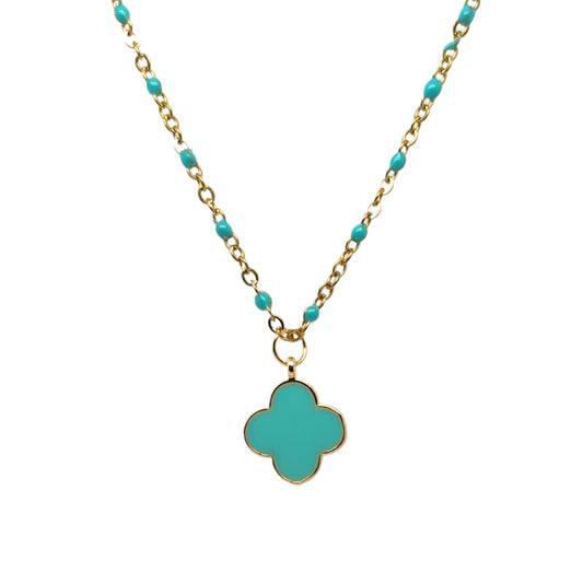 Mint green enamel and gold rosary chain with a dangling mint enamel clover charm