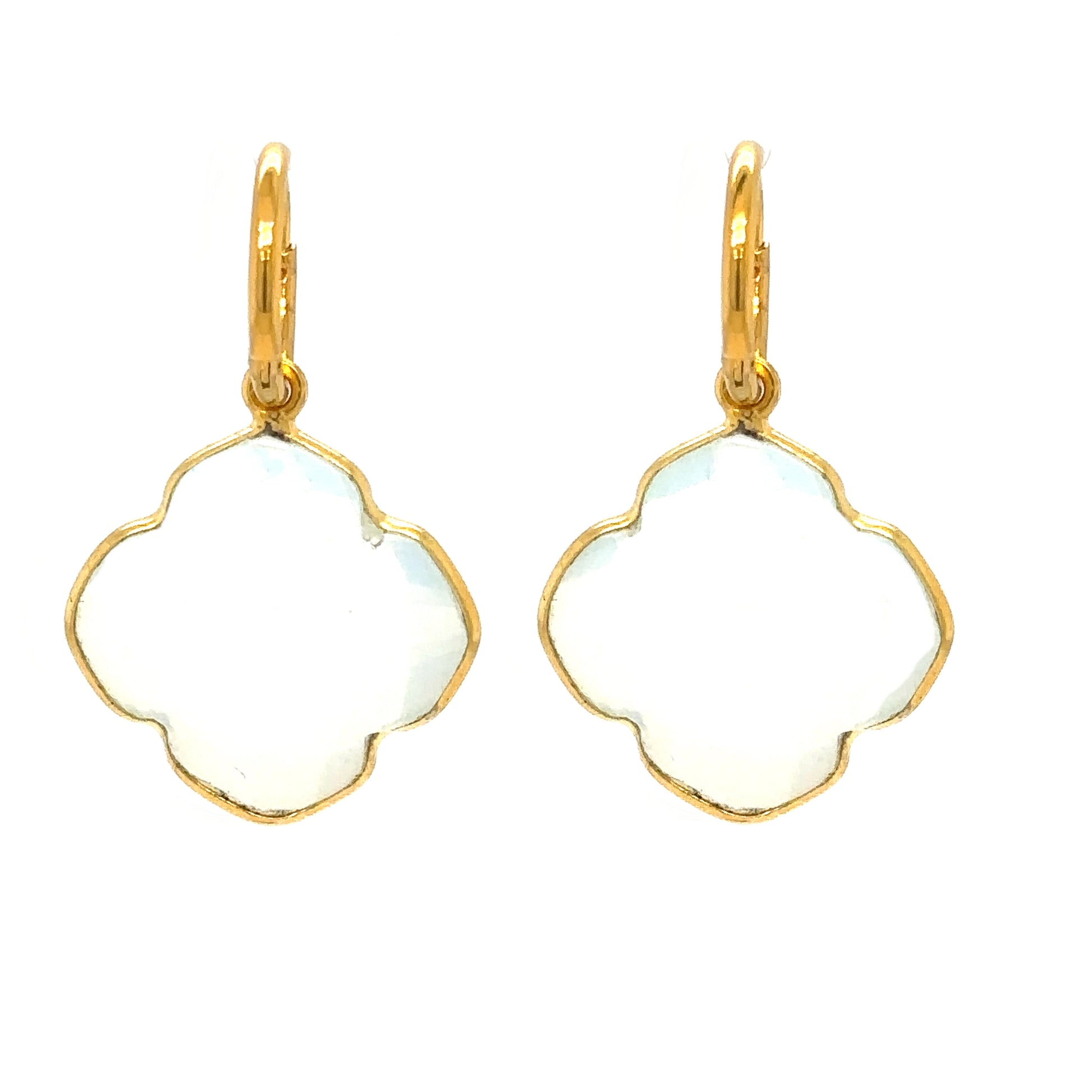 Delicate gold hoop earrings with white Moonstone semi-precious gemstone clover shaped charms