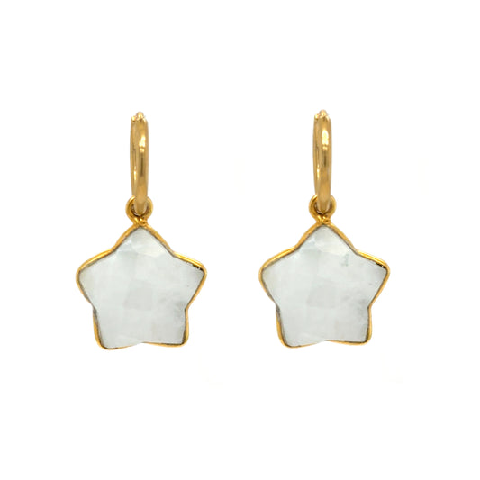 Delicate gold hoop earrings with pretty Moonstone semi-precious gemstone star shaped charms
