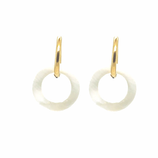 Delicate gold hoop earrings with circle shaped charm in white mother of pearl shell