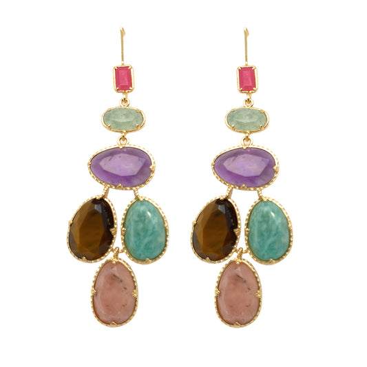 Gorgeous multi&nbsp; gemstone hook earrings with Pink Tourmaline, Aventurine, Amethyst, Tiger Eye, and Amazonite stones