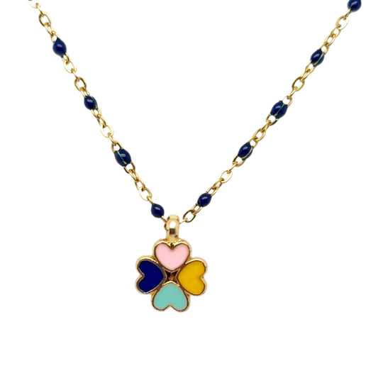 Rosary chain with blue enamel and a dangling multicoloured enamel clover charm.