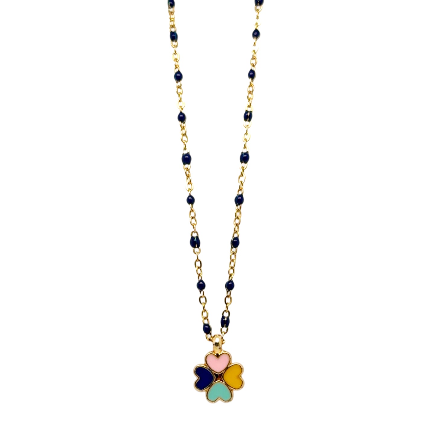 Necklace with a colorful 4 heart clover pendant on a white background