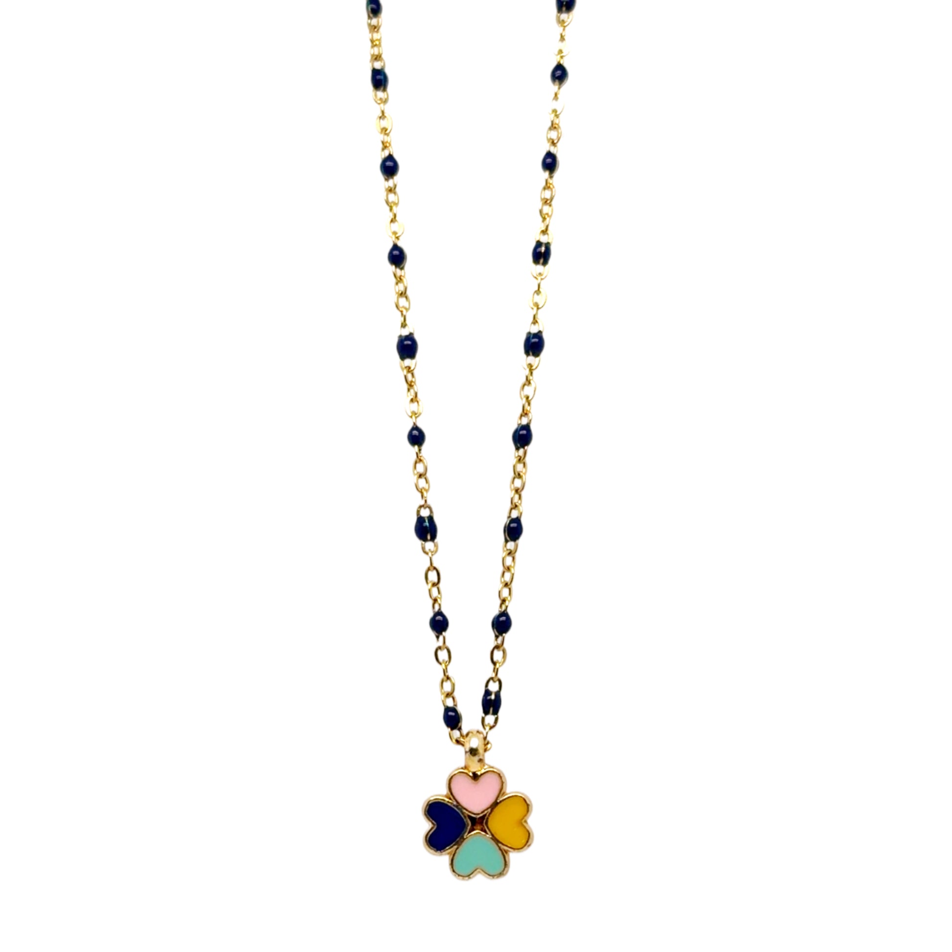 Necklace with a colorful 4 heart clover pendant on a white background