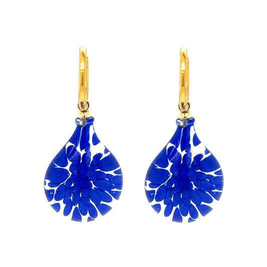 gold hoop earrings with Murano glass royal blue drop charms
