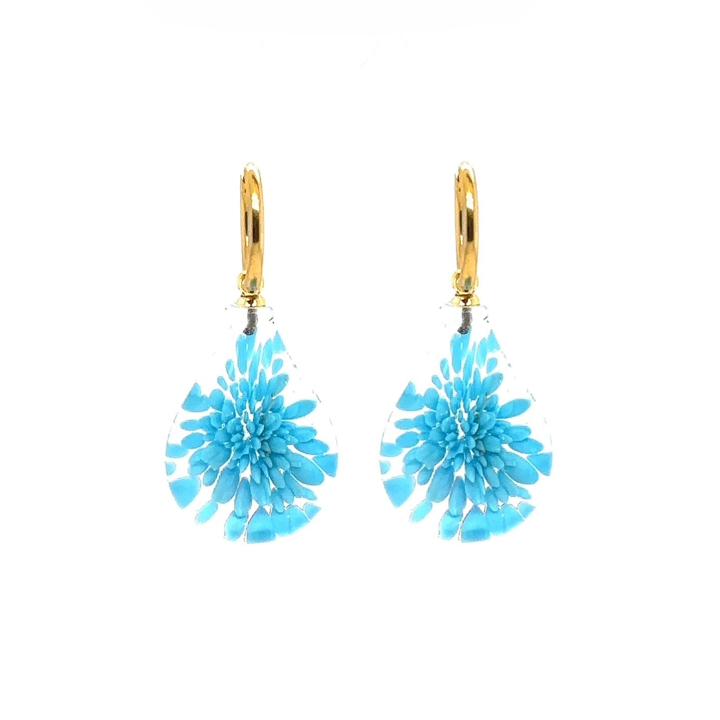 gold hoop earrings with Murano glass light blue drop charms 