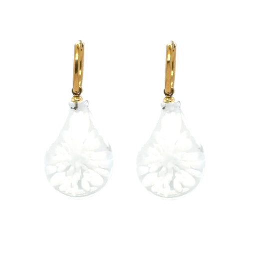 gold hoop earrings with Murano glass white drop charms