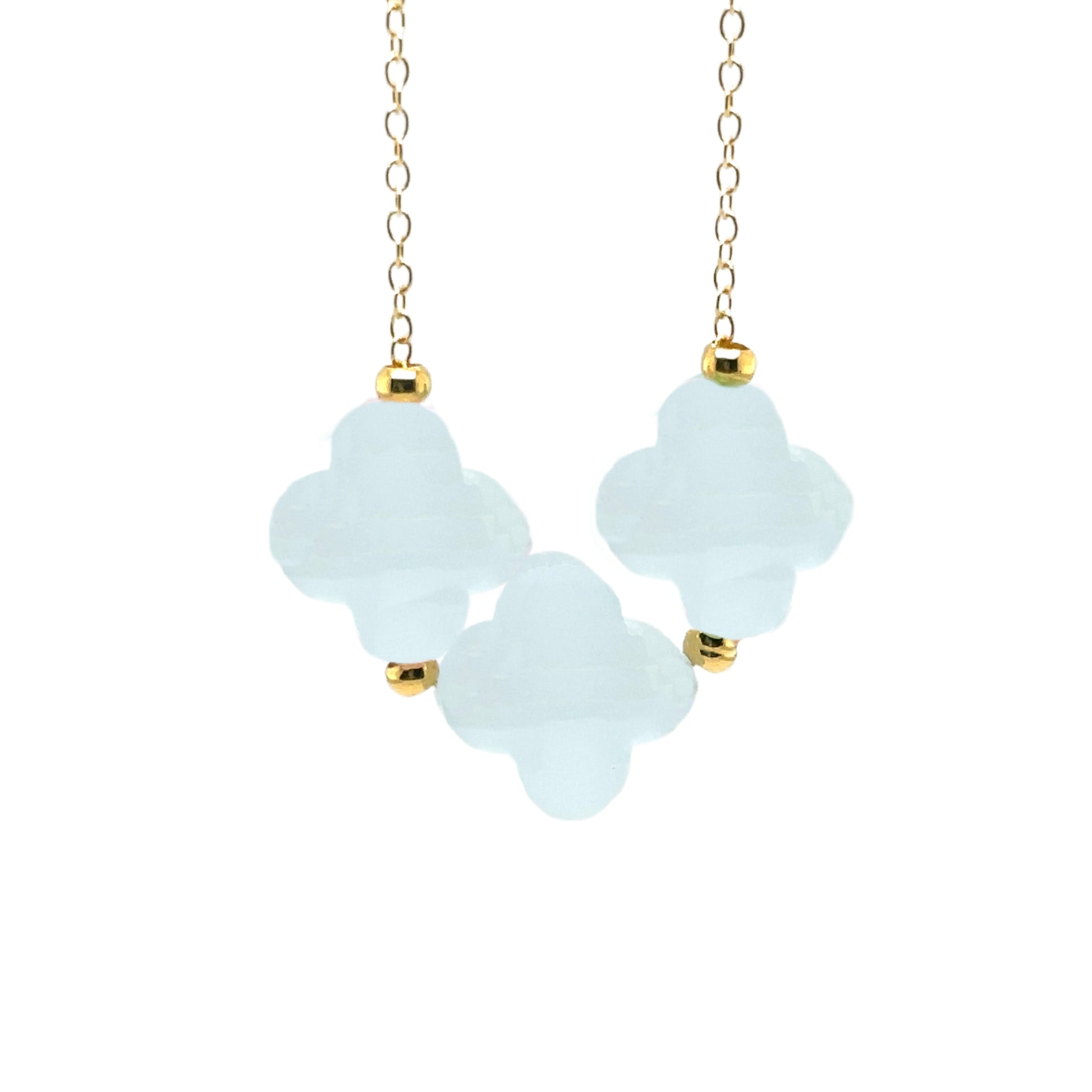 gold chain with three clover light blue glass charms