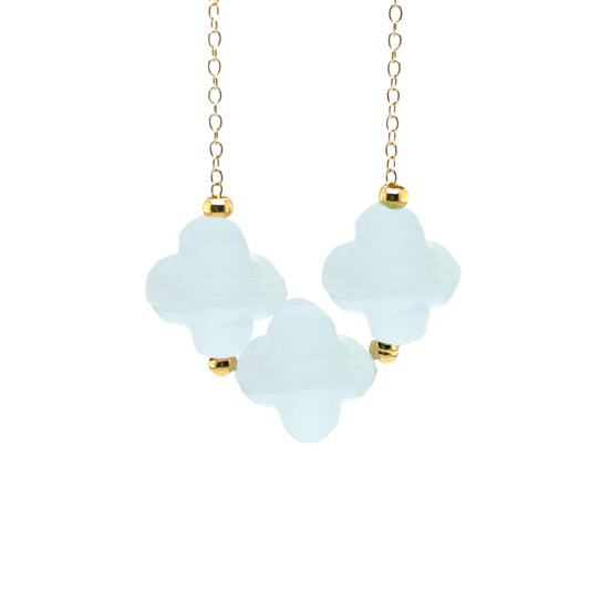 gold chain with three clover light blue glass charms