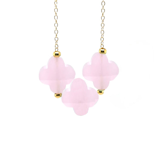 Delicate gold chain with three clover Rose Quartz charms