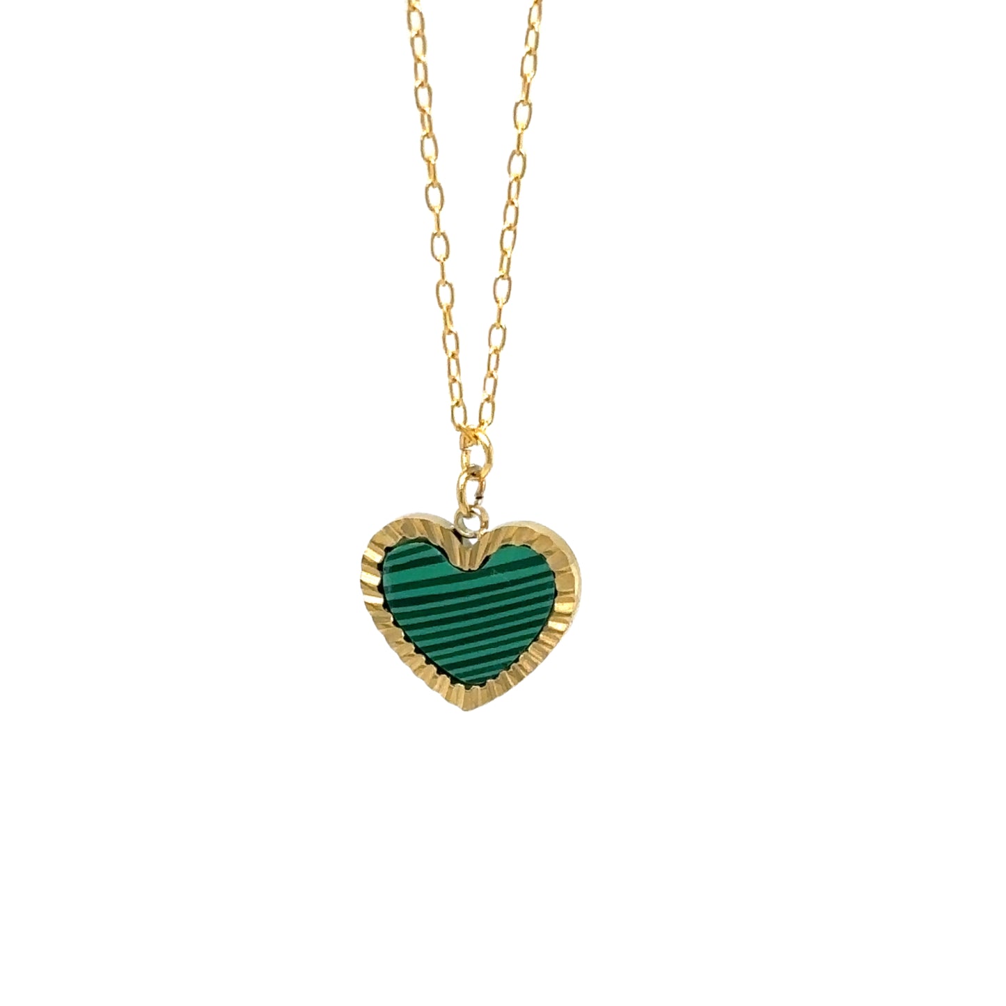 Delicate gold chain necklace with one heart shaped charm in green and gold