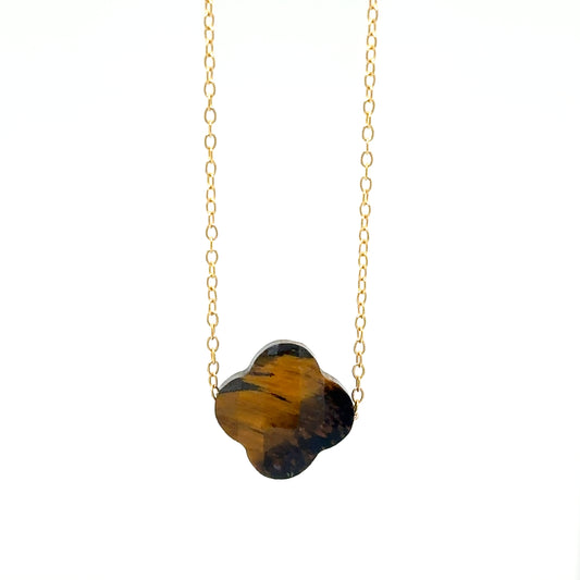 Delicate gold chain necklace with one Tiger Eye semi-precious gemstone faceted clover shaped charm