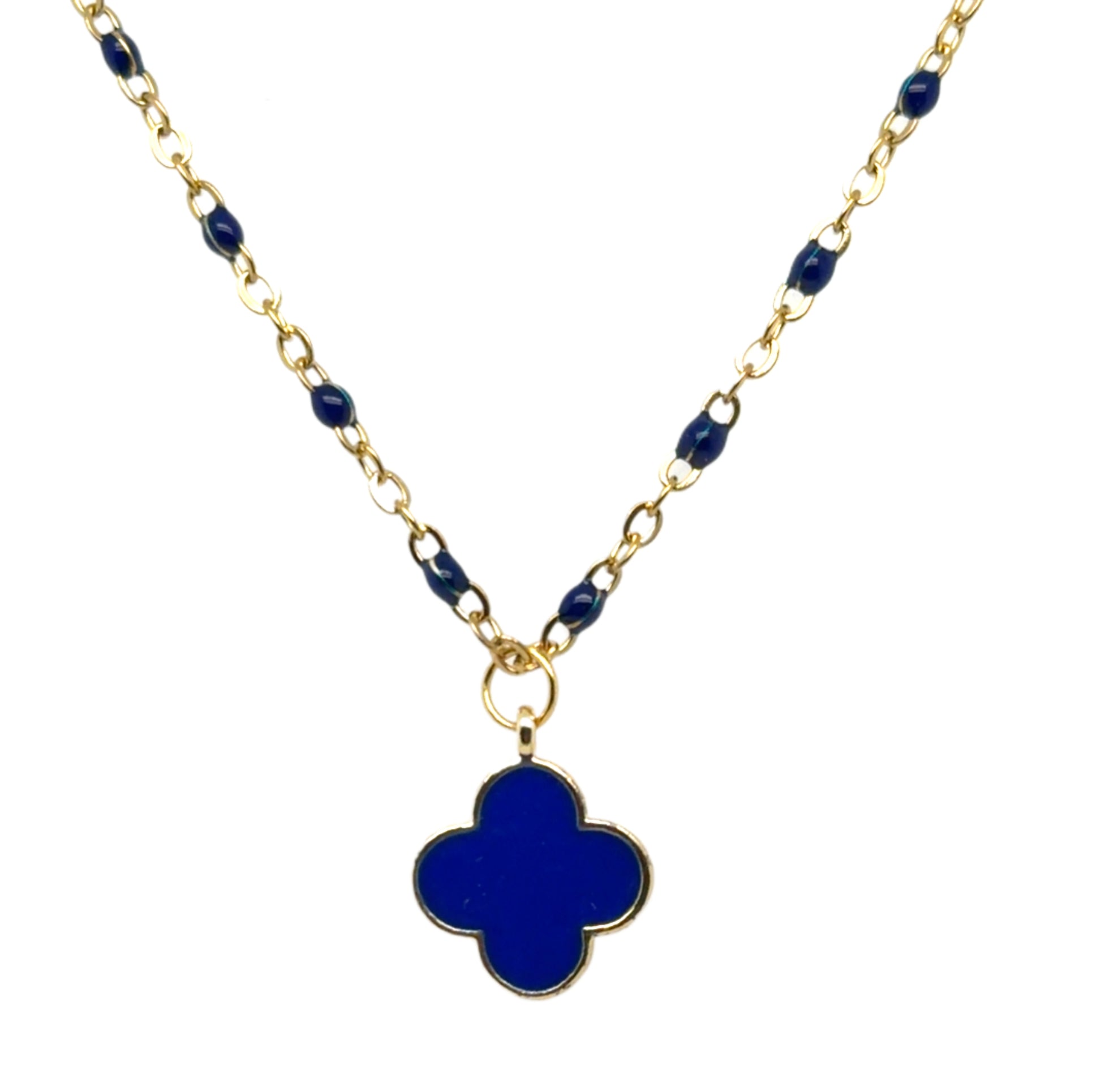 blue rosary gold chain necklace with enamel blue clover charm