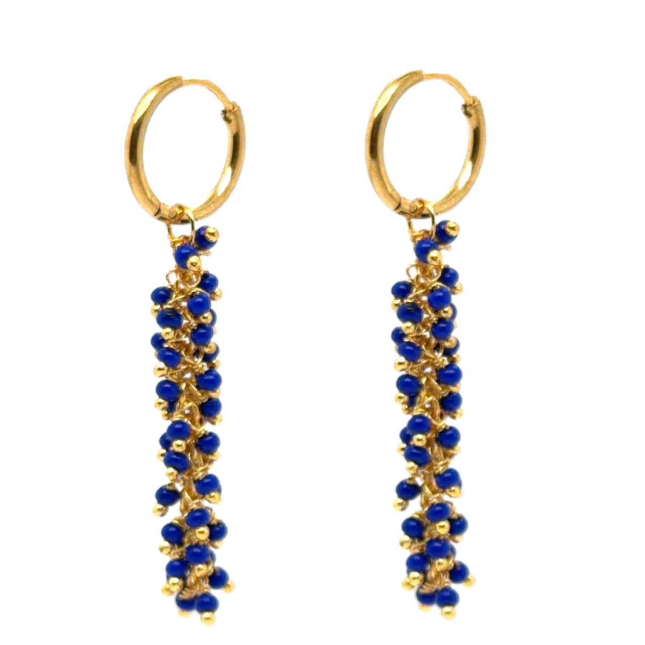 hoop earrings with blue dangling beads
