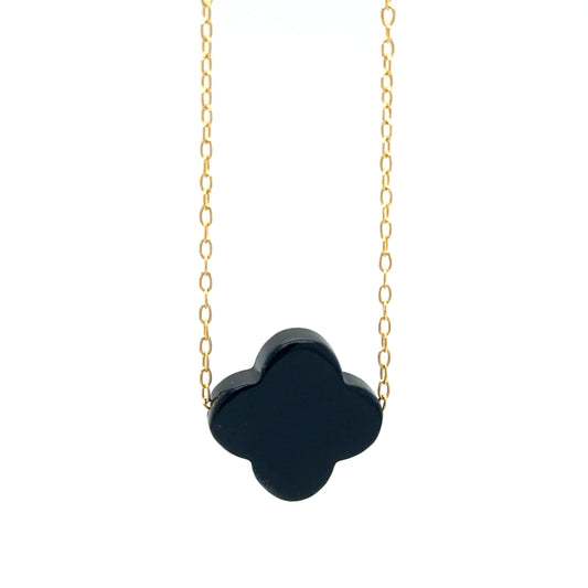 Delicate gold chain with one Black Agate semi-precious gemstone clover shaped flat charm