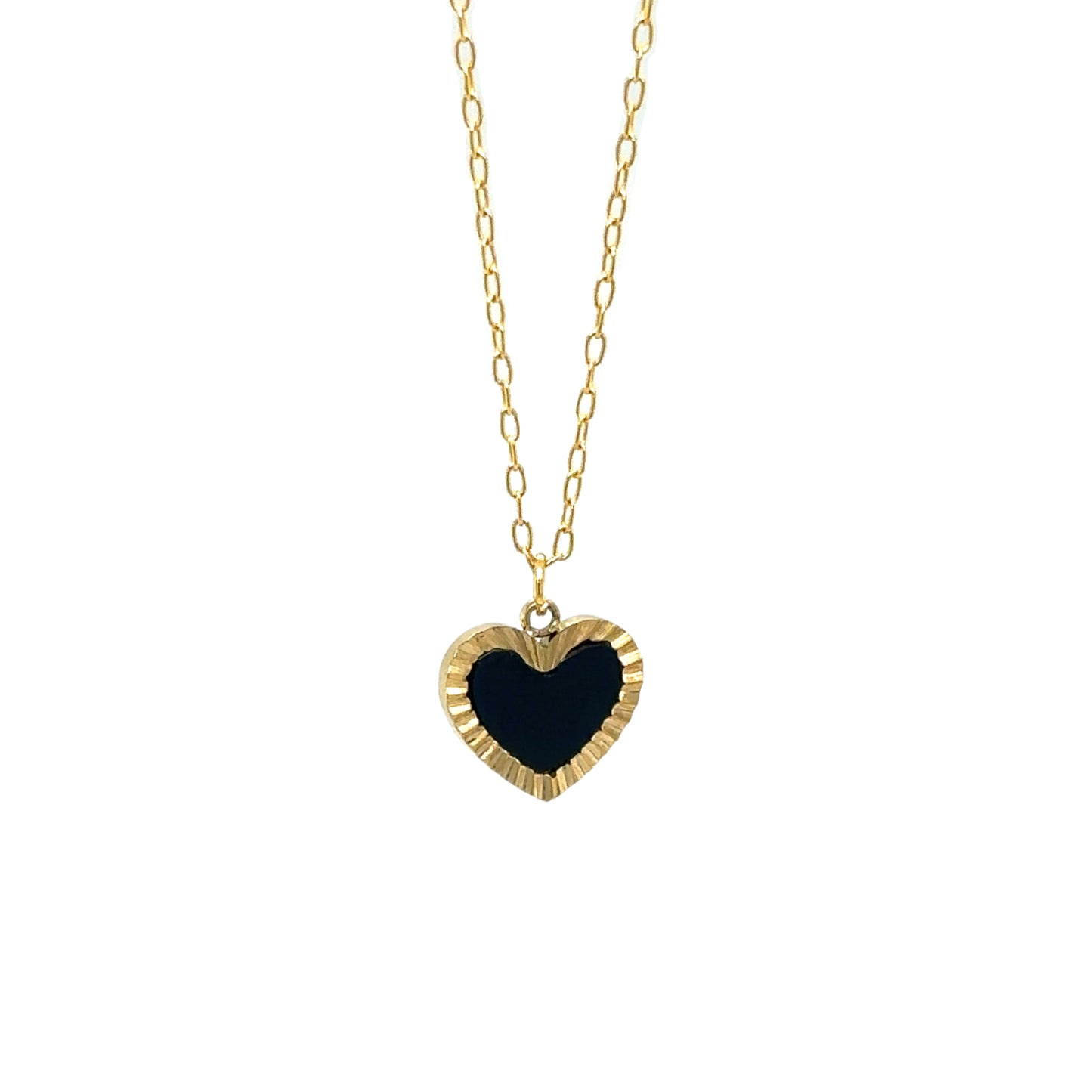 Delicate gold chain necklace with one heart shaped charm in black and gold