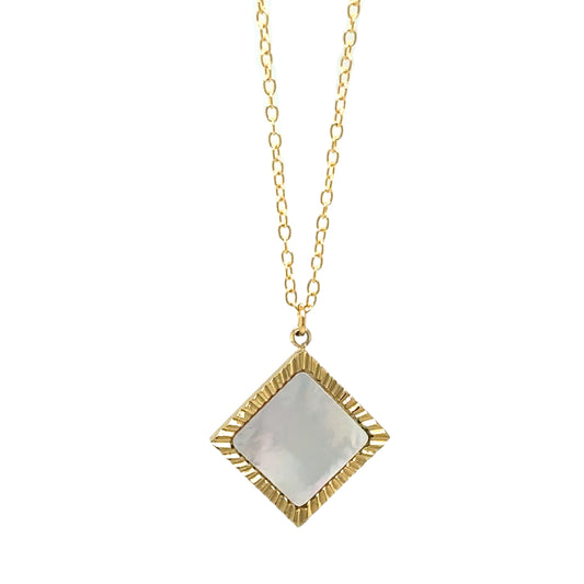 Delicate gold chain necklace with one diamond shaped Mother of Pearl white shell and gold charm