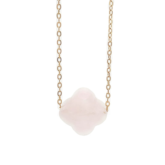 Delicate gold chain necklace with one clover stone faceted charm in Rose Quartz