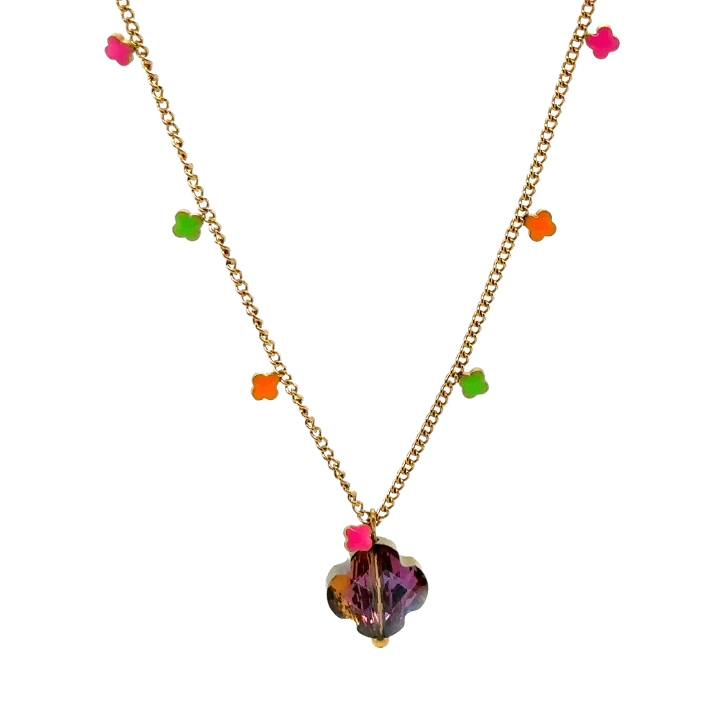 Delicate gold chain necklace with 5 enamel clovers in pink/orange/green and one gold clover charm