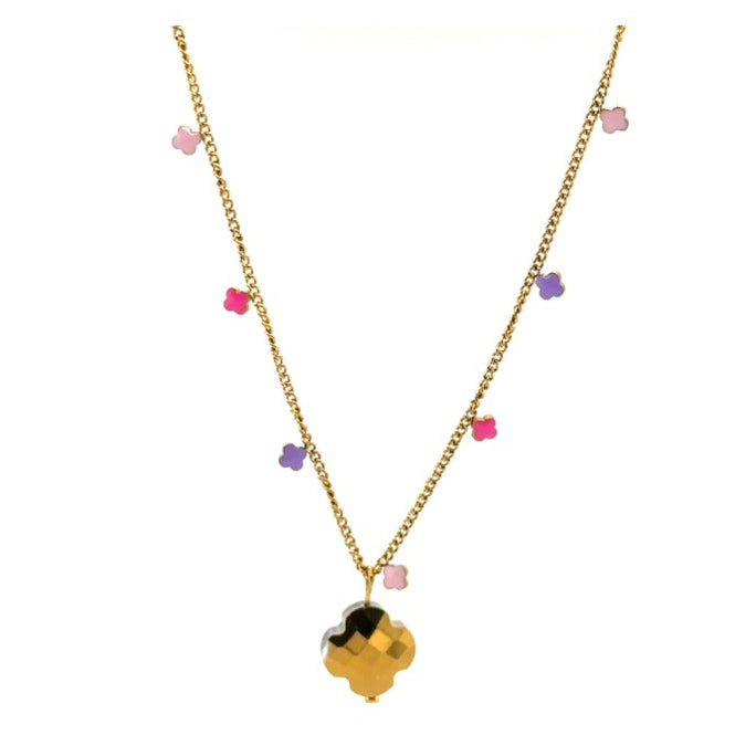 Delicate gold chain necklace with 5 enamel clovers in pink/purple and one clover charm which is gold on one side and purple on the other