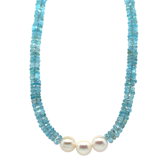 Gorgeous sparkly necklace with Aquamarine Heishi clear gemstone rondelles and three Freshwater pearls in the middle