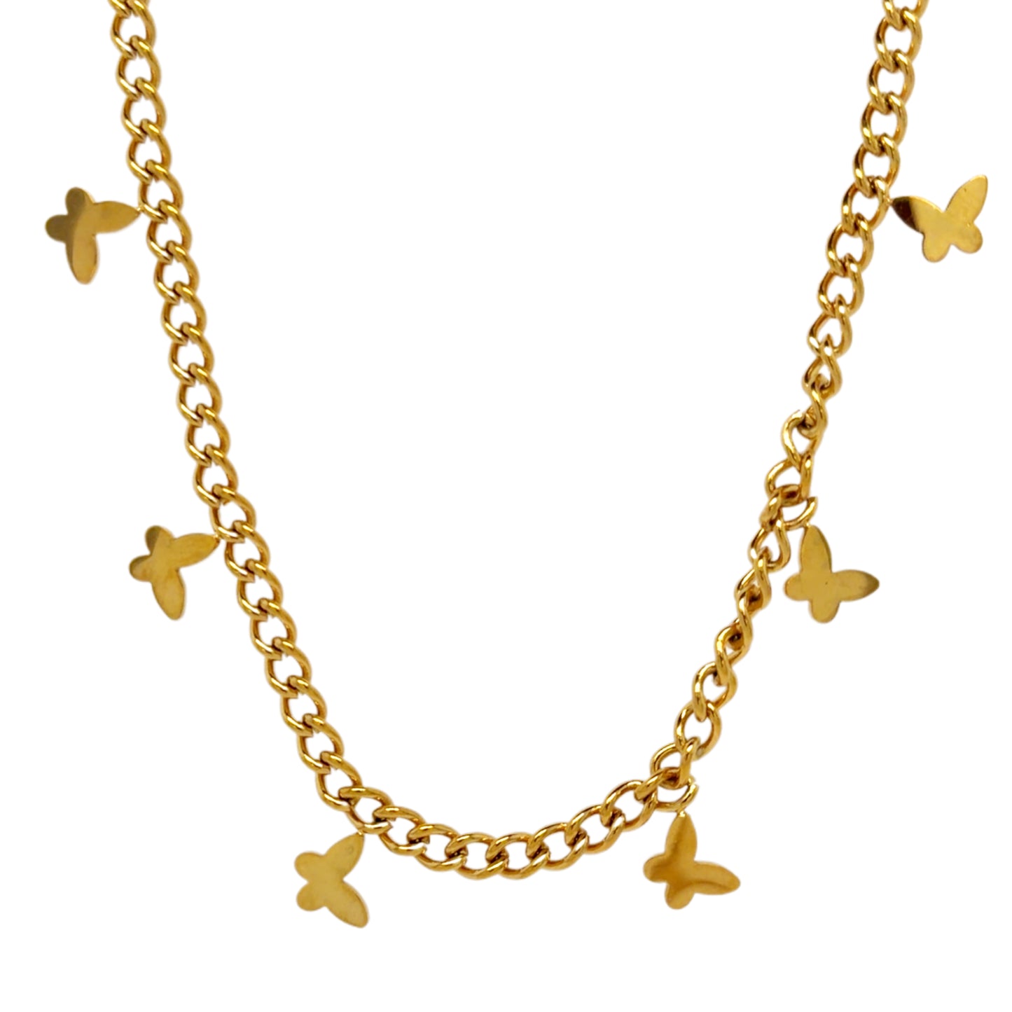 Fun blecher chain gold necklace with dangling gold butterflies.