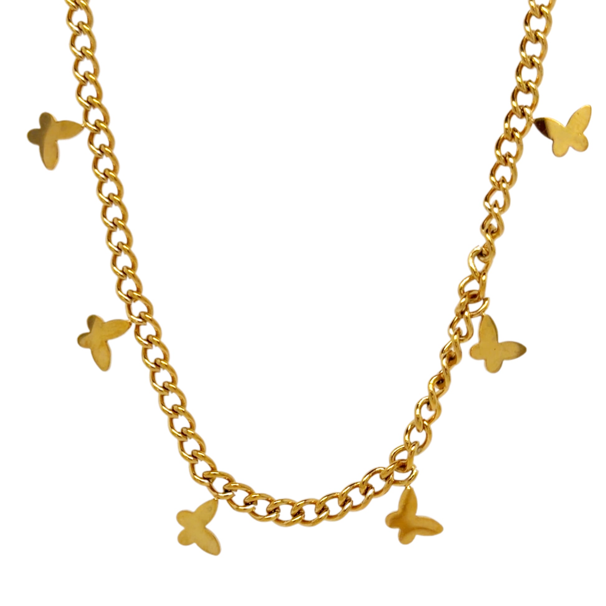 Fun blecher chain gold necklace with dangling gold butterflies.