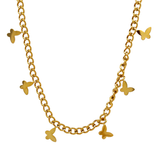 Fun blecher chain gold necklace with dangling gold butterflies.