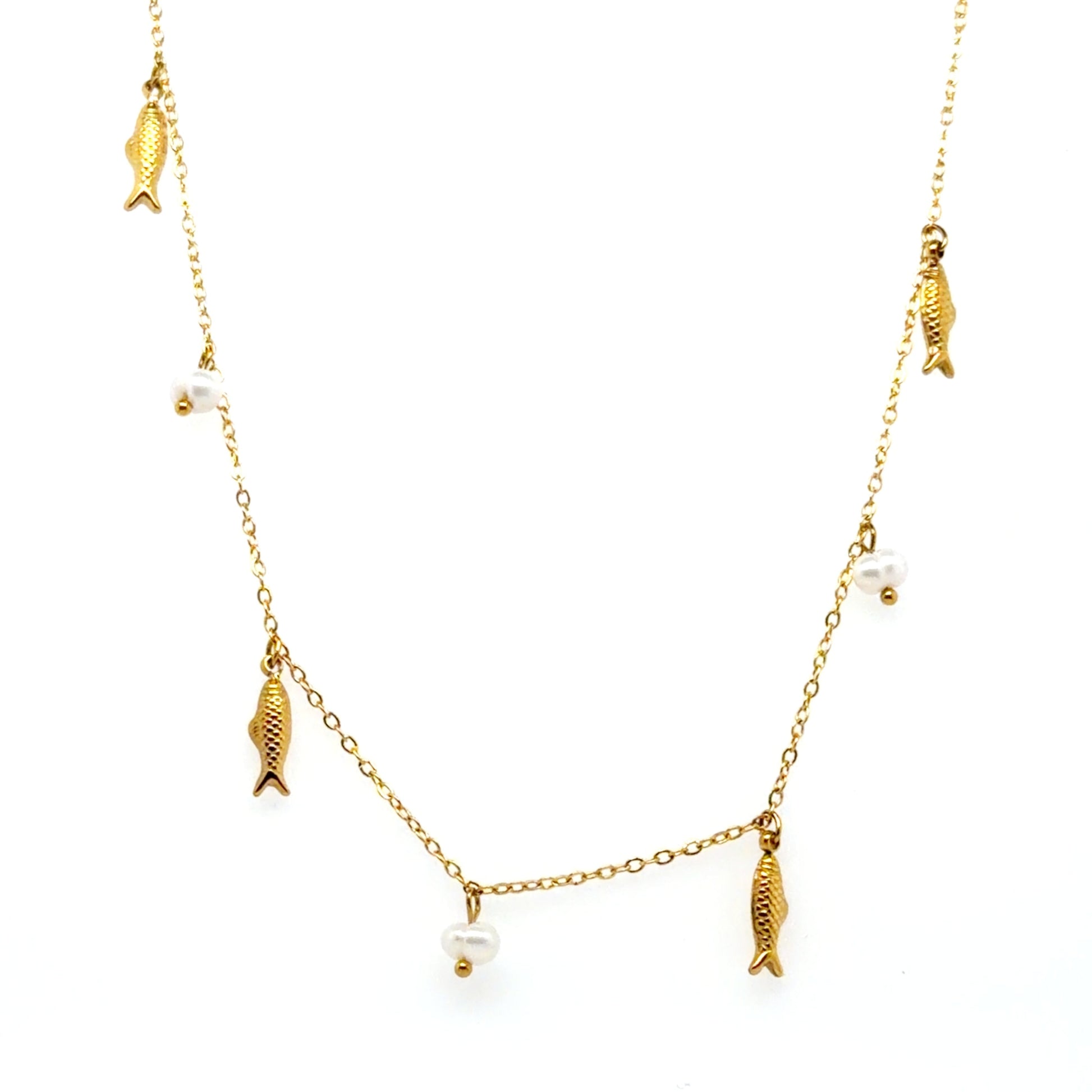 Lovely delicate chain necklace with small dangling gold fish and freshwater pearls