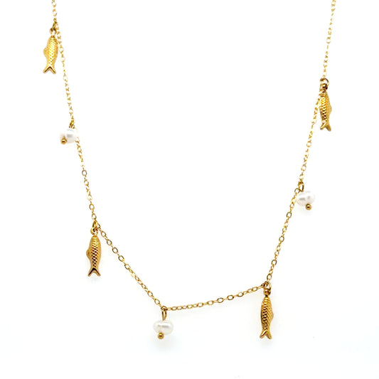 Lovely delicate chain necklace with small dangling gold fish and freshwater pearls
