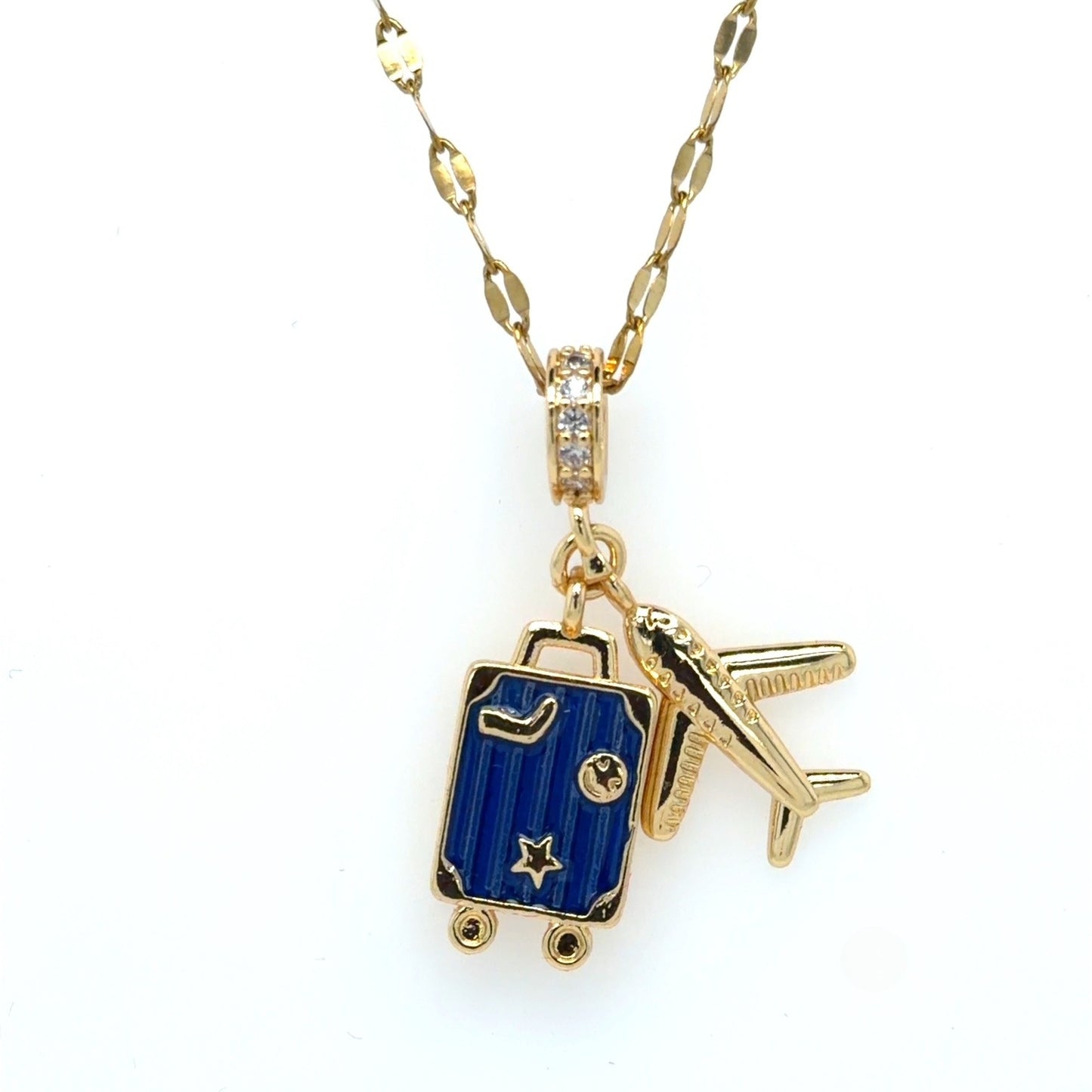 Gold flat Marina link necklace with super cute airplane & blue suitcase charm