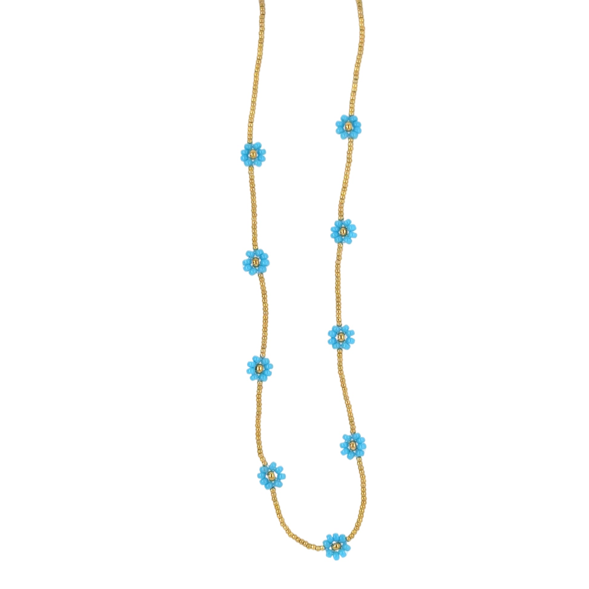 Necklace with seven small turquoise flowers on a gold bead chain