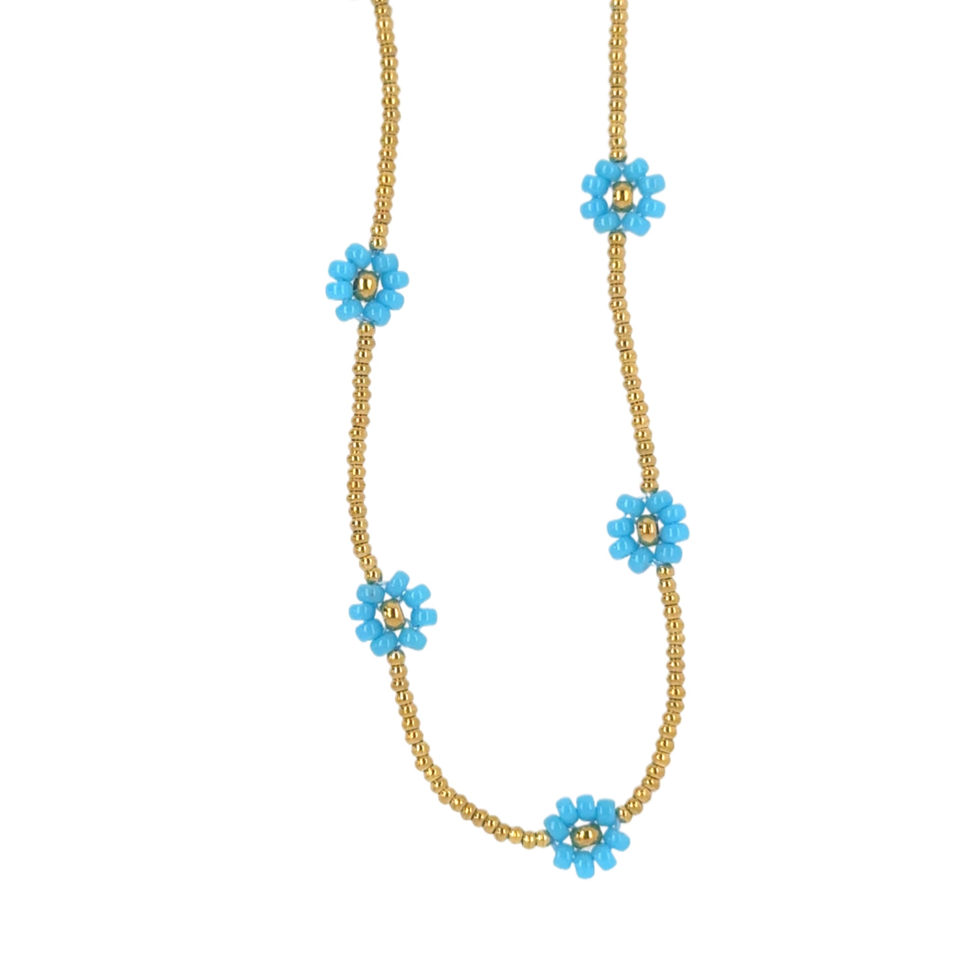 Gold necklace with turquoise flower-shaped pendants on a white background