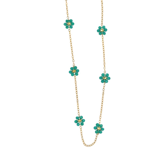 Necklace with six small green and gold flowers on a delicate chain