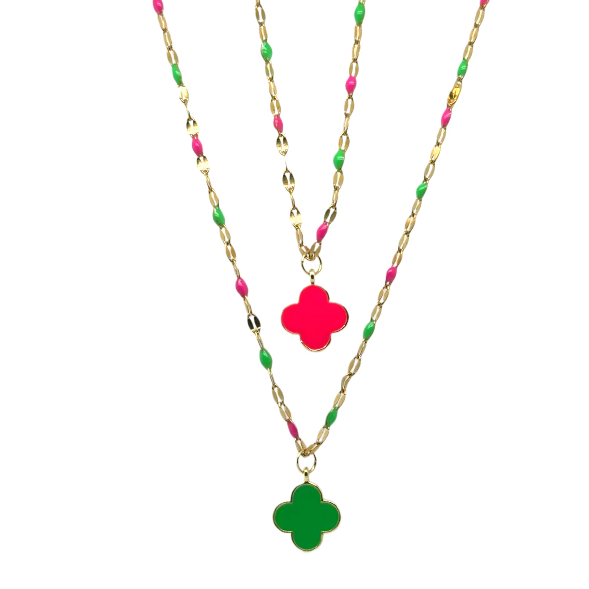 Rosary chains with pink and green enamel and matching clover charms