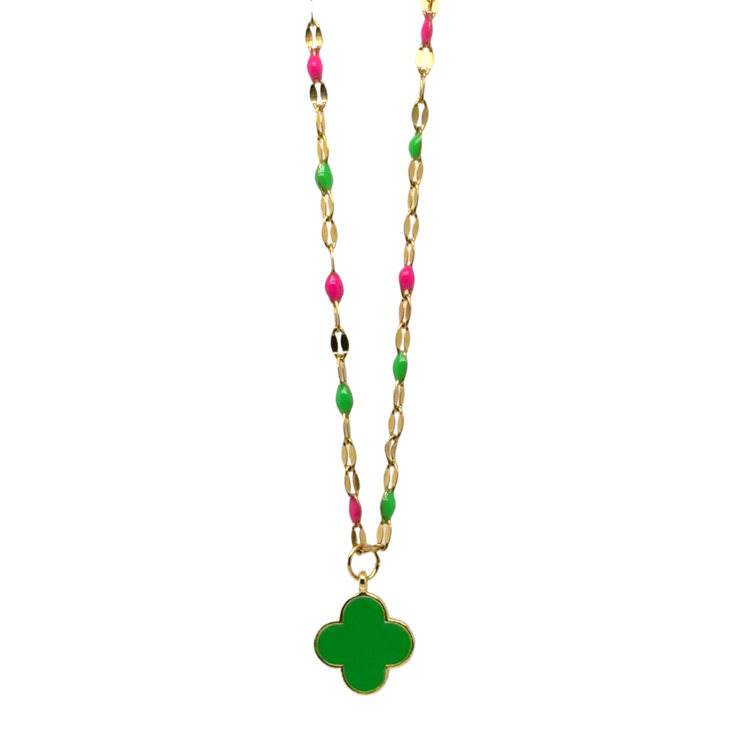 Rosary chain necklace with neon green enamel clover 