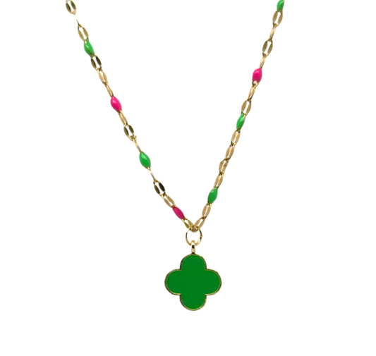 Rosary chain with neon pink and green enamel with a dangling neon green enamel clover charm.