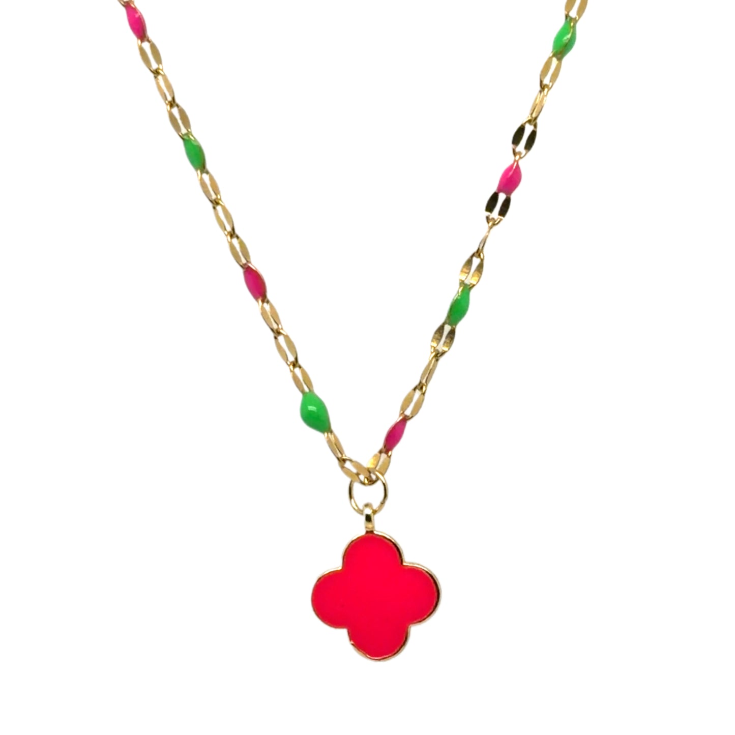 Rosary chain with neon pink and green enamel with a dangling neon pink enamel clover charm