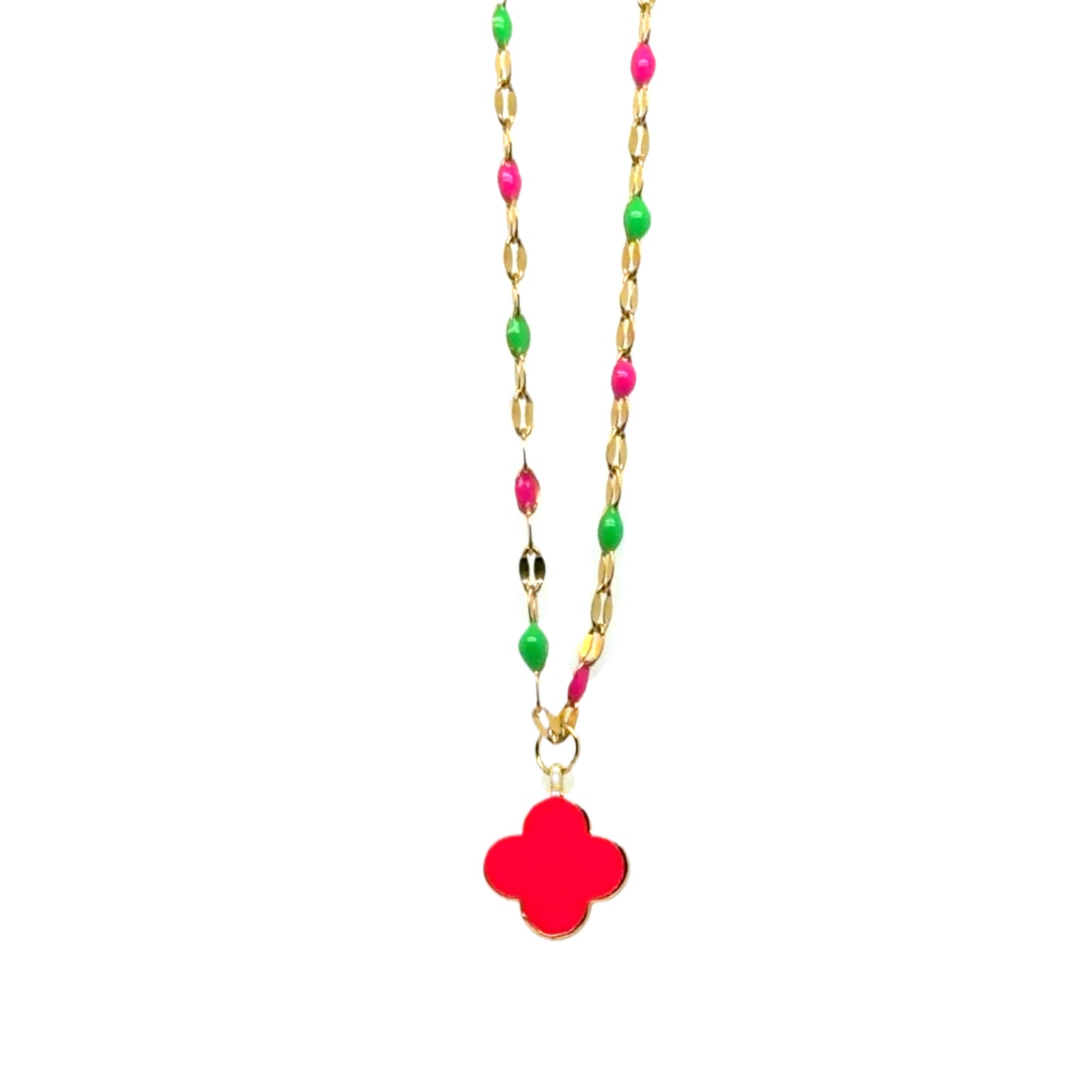Neon rosary chain  necklace with neon pink enamel clover charm