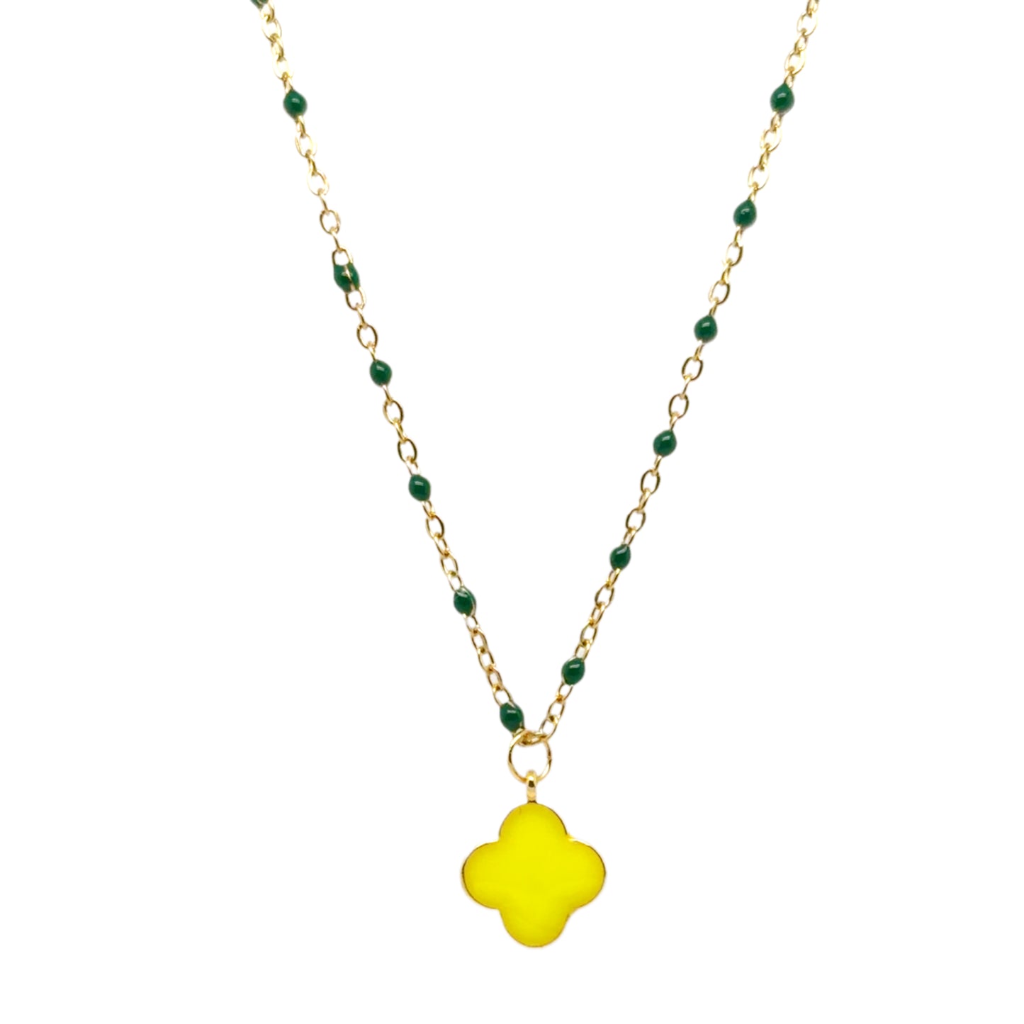 Dark greenrosary chain with a dangling neon yellow enamel clover charm