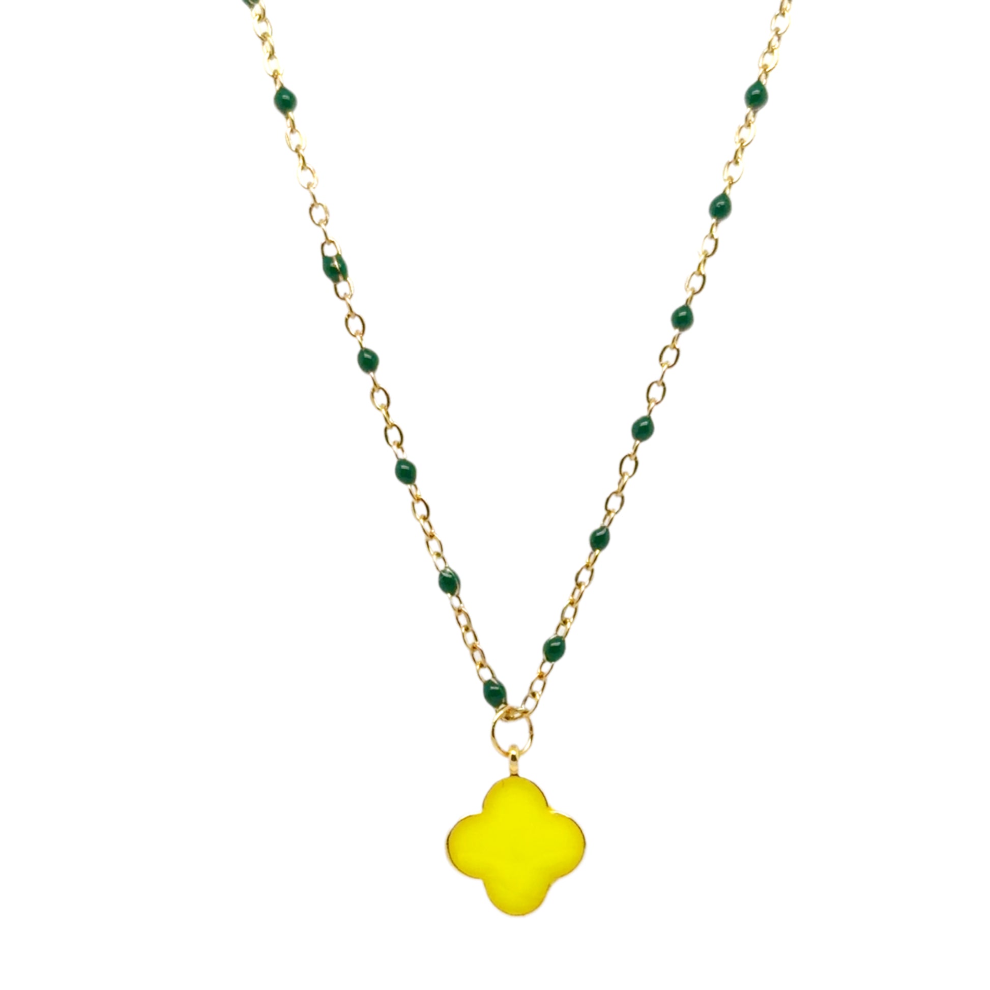 Dark greenrosary chain with a dangling neon yellow enamel clover charm