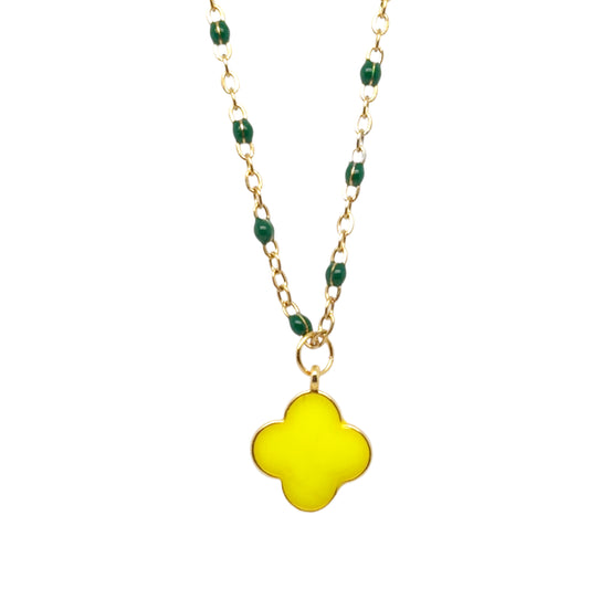 Pretty dark green enamel and gold rosary chain with a dangling neon yellow enamel clover charm