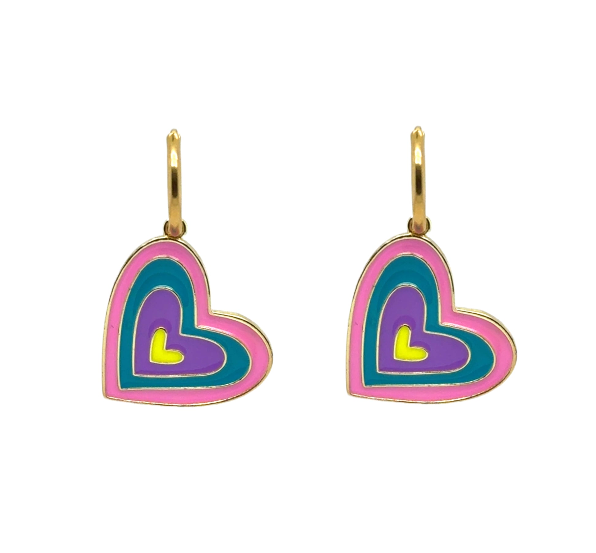 Delicate gold hoop earrings with nesting pink/green/purple/yellow heart charms