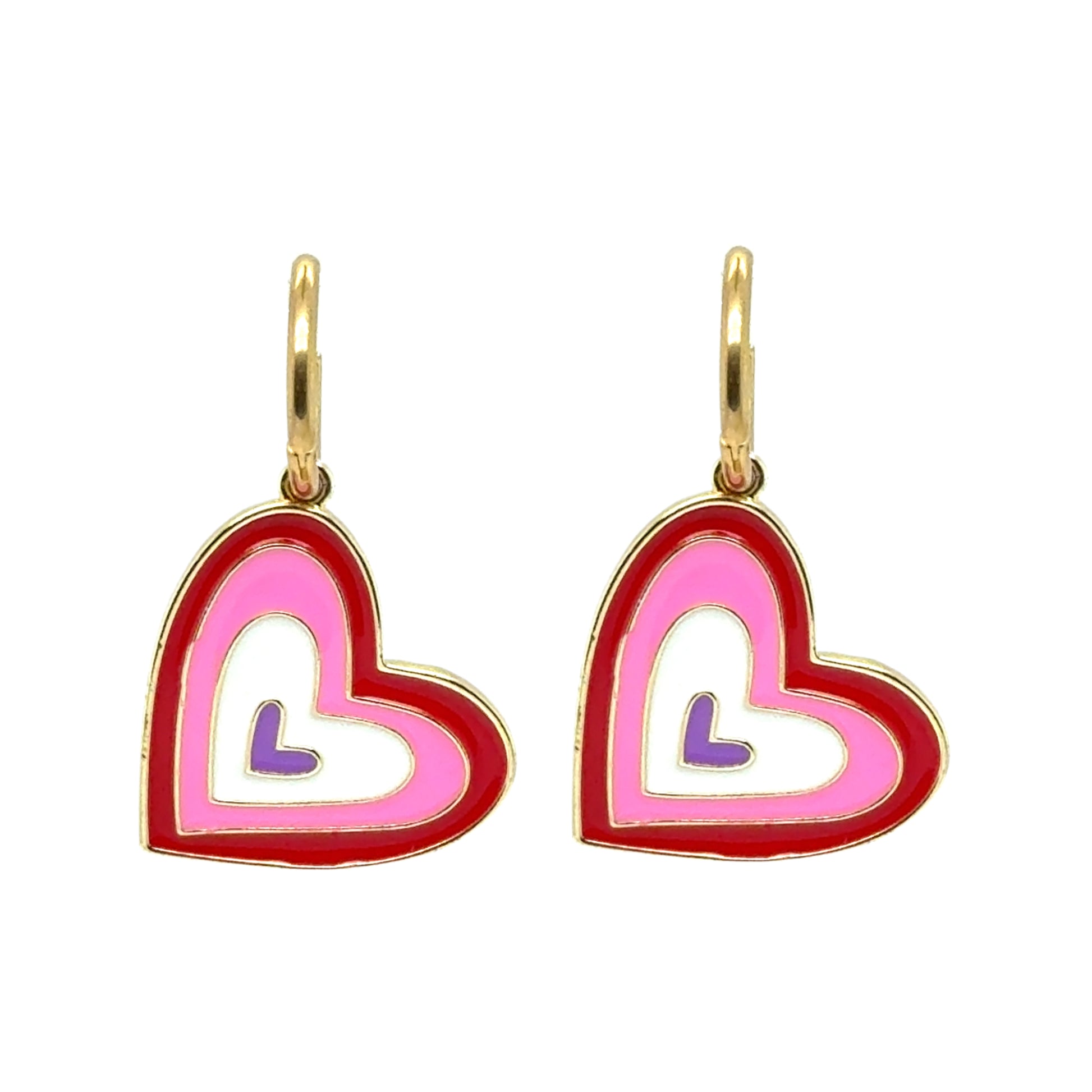 Delicate gold hoop earrings with nesting red/pink/white/purple heart charms