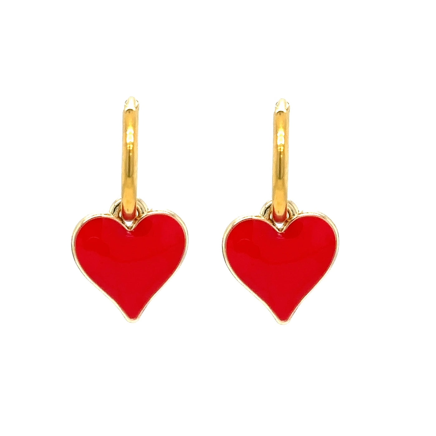 gold hoop earrings with red heart shaped charms in pretty enamel