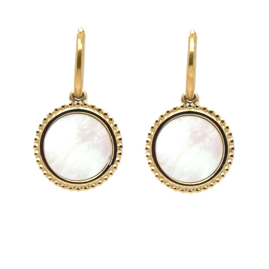 Gold hoop earrings with large mother of pearl and gold patterned charms