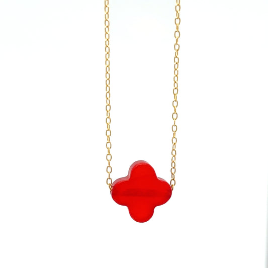 Delicate gold chain with one Red Agate semi-precious gemstone clover shaped flat charm