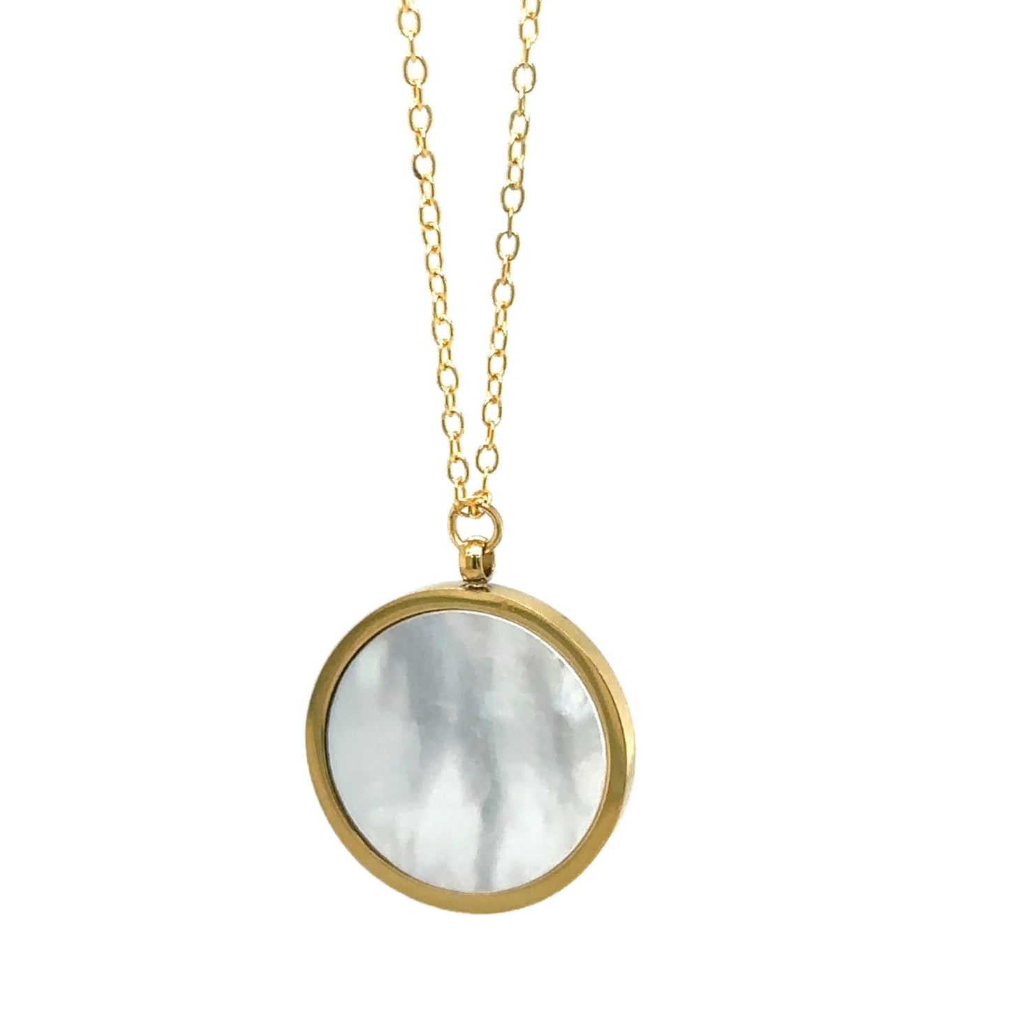 Delicate gold chain necklace with one round Mother of Pearl white shell and gold charm