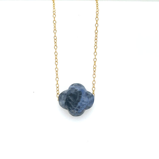 Delicate gold chain with one Sodalite blue semi-precious gemstone clover shaped flat charm